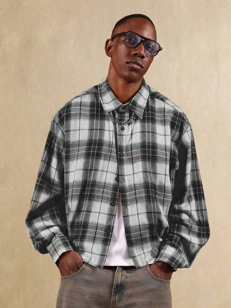 SUMWON Cotton Classic Button Down Long Sleeve Plaid Flannel Shirt Relaxed Fit Casual Fall Winter Heavyweight Oversized Collar Button Cuff Office Wear - Black and White - View 1