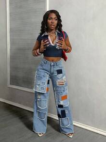 Slaydiva Plus Size Women Cowgirl Style Blue Denim Straight Leg Jeans With Patches, Distressed Hem, Non-Stretch, Spring - Light Wash - View 4