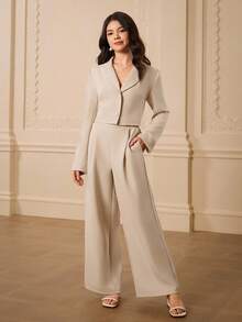 优雅简约时尚优雅西装外套，领口，长袖，短款剪裁，卡其色，搭配高腰宽松直筒裤，适合少女，返校装，四季皆宜，圣诞节