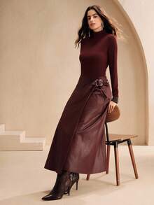 Anewsta Vestido elegante de manga larga de punto y PU para mujer en otoño/invierno, vestido ajustado de línea A largo en color burdeos, estilo streetwear, adecuado para otoño, invierno, Año Nuevo, fiestas, bodas - Burdeos - Ver 1