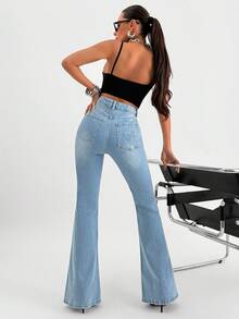 EURMUSE 低腰 Y2K 斜口袋喇叭牛仔裤 - 中等水洗藍 - 查看 2