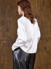 Hansera Women's Solid Color Long Sleeve White Short Blouse - White - View 3