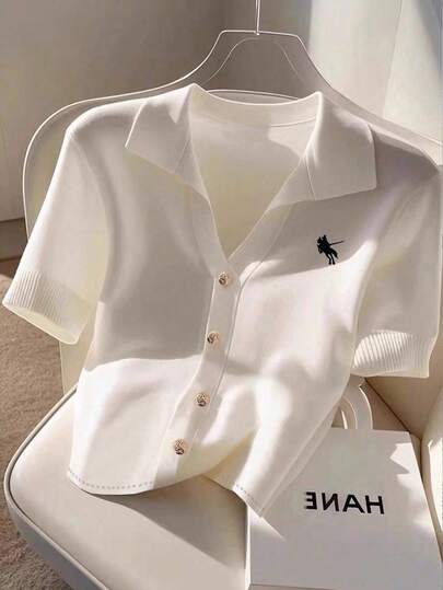 Airaco Women's Casual Knight Embroidery Front Button Short Sleeve T-Shirt, Summer