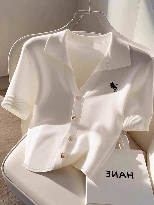 Airaco Women's Casual Knight Embroidery Front Button Short Sleeve T-Shirt, Summer