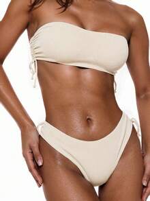 Swim Basics Summer Beach Ribbed Bikini Set Drawstring Side Bandeau Top & Tie Side Bottom 2 Piece Bathing Suit - Apricot - View 5