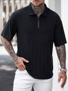 Manfinity Homme Textured Knit Polo Short Sleeve Men's Loose Fit Half Sleeve Collared Minimalist T-Shirt Textured Polo Shirt - Black - View 5