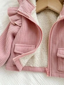 SHEIN Newborn Baby Girl Cute Casual Versatile Pink Corduroy Thermal Lined Hooded Jacket, Autumn/Winter Fall - Pink - View 8