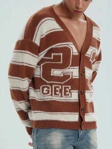 Claim Dot Men's Casual Fashion Street Numeric & Letter Striped Pattern V-Neck Button-Up Cardigan, Autumn/Winter - Khaki - View 4