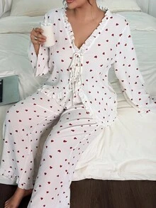 SHEIN Plus Size Romantic Allover Heart Print Ruffle Trim Top & Pants Sleepwear Set, Fall & Winter Clothes White Heart Print Pajama Set Heart Pajama Set