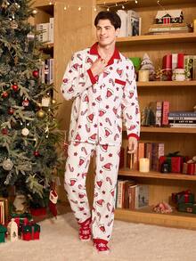 CoupledUp Men's Woven Christmas Themed Print Colorblock Long Sleeve Top & Trousers Pajama Set, Fall Winter Clothes