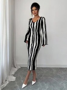 Elenzga Black & White Striped V-Neck Fitted Elegant Sweater Dress, Autumn/Winter - Black - View 4