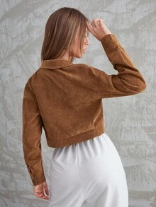 Aidyla Corduroy Flap Pocket Button Up Crop Jacket Fall Winter Cloth For Women