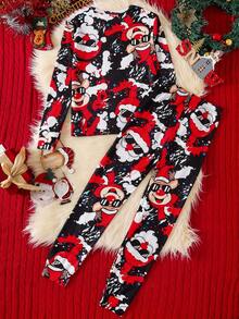 2pcs Kids Christmas Graffiti Print Long Sleeve Pajama Set, Snug Fit Sleepwear For Parties, Holidays, Home Wear Fall Winter - Multicolor - View 2