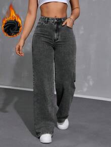 SHEIN ICON 女士休闲日常通勤简约纯色保暖内衬直筒牛仔裤，秋冬 - 灰色 - 查看 5