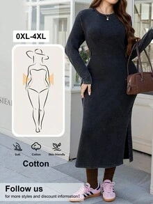 SHEIN LUNE 大码休闲通勤侧开衩连衣裙 女士秋季服装 女士冬季服装 女士万圣节服装 女士圣诞服装 万圣节服装 女士休闲日常服装，商务休闲女装 商务休闲女装 教师服装 - 黑色 - 查看 3