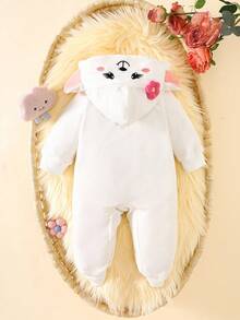 SHEIN 新生儿超可爱小羊羔连体衣，蓬松面料，可爱的小羊羔连体衣，蓬松质感，花朵装饰+可爱配饰，女婴装扮看起来像一只行走的小羊羔 - 白色 - 查看 2