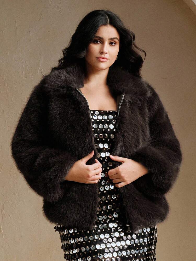 Modische minimalistische kurze Kunstfell-Jacke in Große Größen für Damen, geeignet für Herbst, Winter, Ausgehen, elegant, formell, Party, schick, Neujahr, Damen-Wintermantel, Weihnachten, Arbeit, Abschluss, Hochzeit