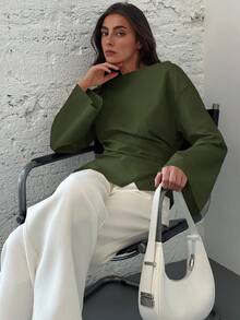 Aloruh Boat Neck Flared Sleeve Cropped Ruched Office Wear Women's Apricot Blouse - Army Green - View 6