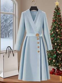 GlowEve 女士优雅V领A字蓝色连衣裙 - 藍色 - 查看 5