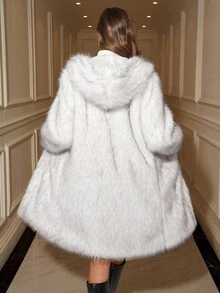 Ellevyn Chaqueta casual de mujer de manga larga con capucha, abierta por delante, de piel sintética suave y holgada, color gris claro, para otoño/invierno - Blanco - Ver 2