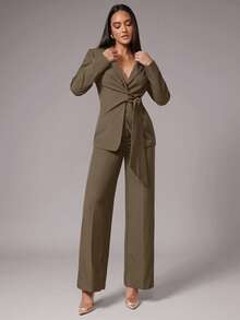 Silquee Bộ vest nữ màu trơn cổ ve áo, tay dài, thắt nút bên hông, gồm áo khoác và quần, thanh lịch cho công sở, phù hợp cho tiệc cocktail, hẹn hò lãng mạn, tiệc cơ bản mùa thu/đông, tiệc trang trọng, đám cưới. - màu nâu - Xem 1