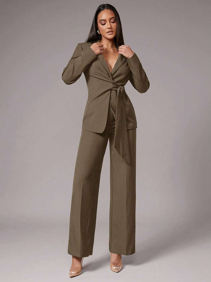 Silquee Bộ vest nữ màu trơn cổ ve áo, tay dài, thắt nút bên hông, gồm áo khoác và quần, thanh lịch cho công sở, phù hợp cho tiệc cocktail, hẹn hò lãng mạn, tiệc cơ bản mùa thu/đông, tiệc trang trọng, đám cưới. - màu nâu - Xem 1