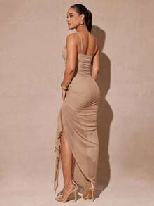 Silquee 优雅的鼠尾草绿色浪漫荷叶边袖高开衩连衣裙，女士蕾丝紧身派对礼服，适合情人节、约会、婚礼、舞会 - 卡其色 - 查看 2