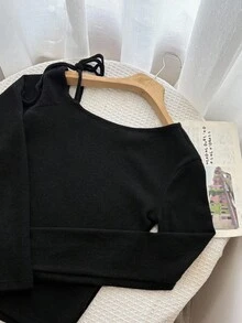 DAZY 女士休闲纯色不对称肩带长袖T恤露肩上衣可爱上衣 - 黑色 - 查看 4