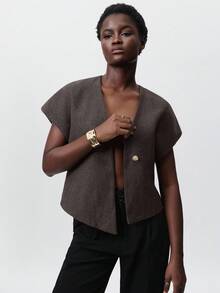 Aveloria Modichic Blusa minimalista deconstruida de talla grande con cuello en V y un solo botón, diseño de bajo asimétrico, sin mangas, adecuada para el trabajo, verano - Albaricoque - Ver 6