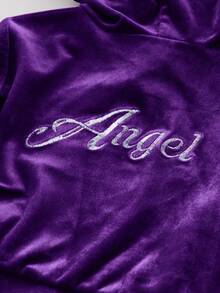 SHEIN Babygirl 天鹅绒长袖连帽夹克和松紧腰裤套装，时尚可爱 - 紫色 - 查看 5