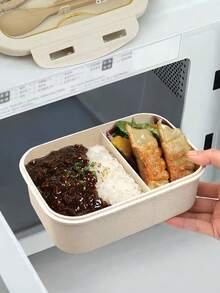 SHEIN 1 件套双隔层午餐盒，内置餐具套装，可重复使用的圆形和方形便当盒，微波炉加热（取下盖子），便携式轻便手持午餐盒，冰箱保存，适用于厨房、户外和厨房用具 - 卡其色 - 查看 3