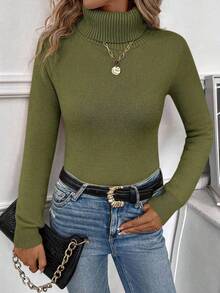 EMERY ROSE Women's Casual Solid Color Turtleneck Warm Sweater, Autumn/Winter - Army Green - View 6
