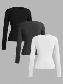 SHEIN EZwear 3 件套女士深 V 领修身休闲长款基本款保暖内衬长袖 T 恤套装，适合秋冬季 - 彩色 - 查看 2