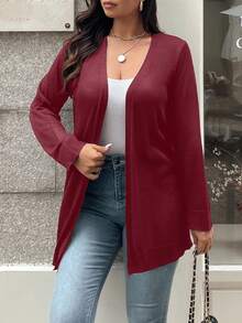 Vionelle Plus Size Women Solid Color Long Sleeve Casual Open Front Knit Cardigan, Autumn Red Cardigan Women Fall Clothes For Women Maroon Outfits For Women Cardigan Women Shrug Plus Size - Burgundy - View 7