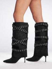 Sugerpunk Women's New Pointed Toe Stiletto Heel Studded Thigh High Boots, Black - Black - View 4
