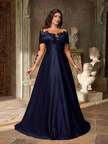 Aureia Đầm maxi dáng chữ A dài tay, trễ vai, chất liệu satin co giãn, sang trọng, thêu ren tinh tế, cỡ lớn, thích hợp cho đám cưới, tiệc tùng, kỳ nghỉ, dạ hội, ngày Valentine. - Màu xanh hải quân - Xem 6