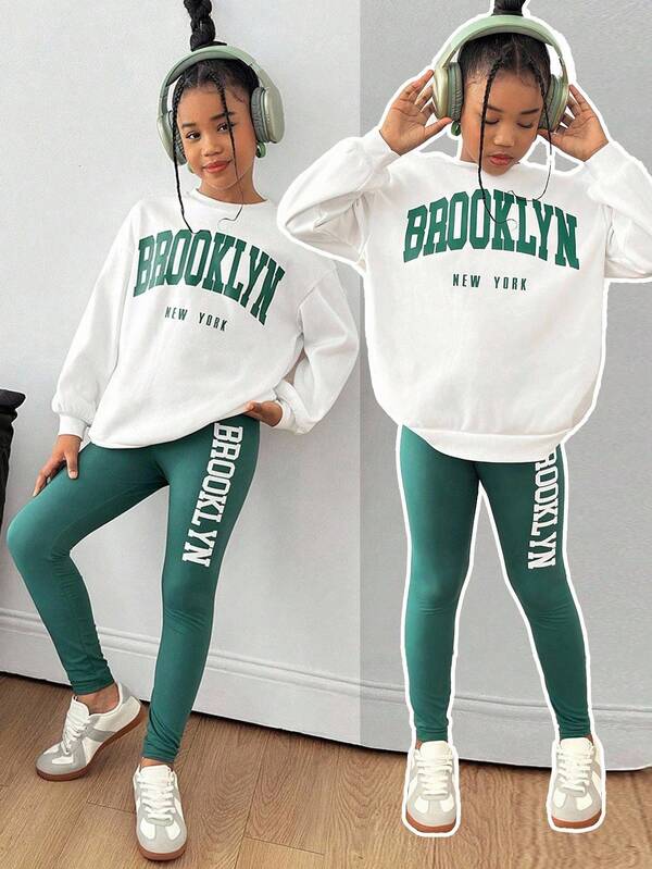 Set de 2 piezas de sudadera con capucha de punto con estampado de letras + leggings de punto para niñas preadolescentes, moda casual versátil para uso diario