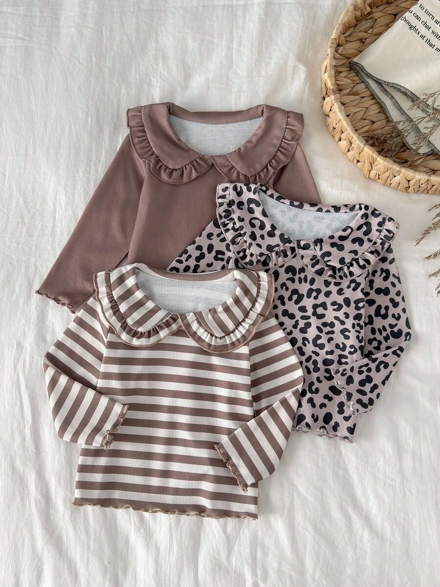 SHEIN 3 件女童秋冬彼得潘领长袖上衣 - 豹纹 + 纯棕色 + 棕白条纹汗衫套装 - 彩色 - 查看 1