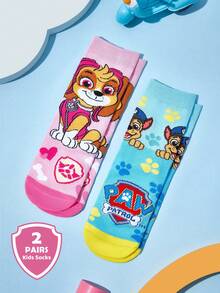 SHEIN | PAW Patrol 2 双棉质柔软透气吸湿排汗儿童男童中筒袜粉色蓝色可爱卡通中筒袜加固脚趾和脚跟，经久耐用男女通用，适合男孩和女孩，四季百搭，适合学校和户外，夏季冬季，狗狗，Skye，Chase - 彩色 - 查看 2