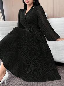 Feyla Women's Blue Chiffon Cutout Jacquard Elegant Flared Dress