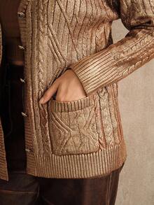 Anewsta 女士新款休闲烫金印花中长款针织开衫，秋冬 - 金色 - 查看 4