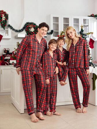 2pcs Christmas Plaid Comfortable Family Matching Pajama Set, Long Sleeve Top And Pants, Button-Up, Suitable For Loungewear And Outerwear, Women, Cozy Outfit, Fall Winter Clothes