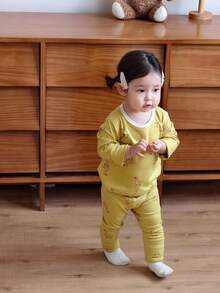 DAZY 2pcs Baby Girls Cartoon Print Casual Comfortable Round Neck Top And Pants Homewear Set - Yellow - View 8