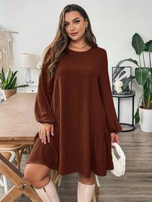 SHEIN Essnce Váy kaki dài tay rộng rãi, thoải mái cho mùa thu đông cỡ lớn dành cho nữ, váy ngắn mùa thu, trang phục mùa thu cho nữ, trang phục công sở, váy công sở cho nữ, dạ hội, trang phục giáo viên, váy cong - Rỉ Nâu - Xem 5