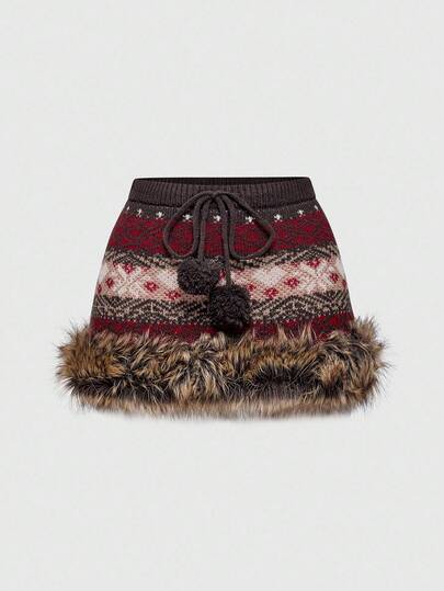 ROMWE Avant Y2K Autumn/Winter Snow Outfit Fair Isle Jacquard Cropped Sweater Skirt