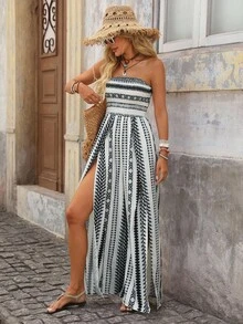 Brillora Women's Geometric Print Wide Leg Romper For Vacation - Black and White - View 5