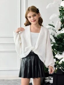 SHEIN 少女休闲长袖针织开衫毛衣，秋冬白色毛衣，交叉深V领宽松优雅简约毛衣，长袖上衣，秋冬休闲宽松针织毛衣，母女装，时尚秋季，母女装 - 白色 - 查看 14