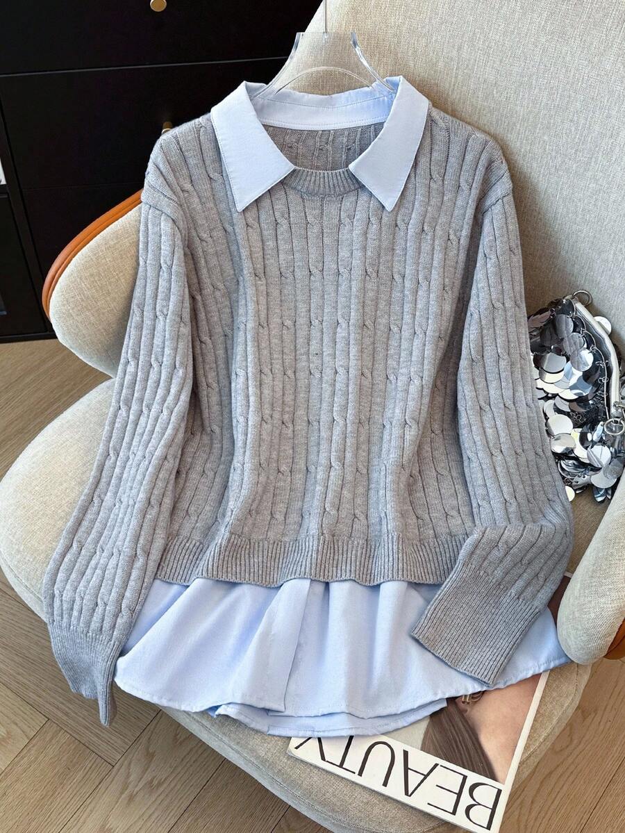 Regalyn Women's Casual Versatile Daily Long Sleeve Plus Size Patchwork Pullover Sweater