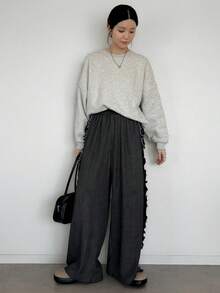 FRIFUL 女士休闲百搭荷叶边宽松裤，黑色阔腿裤，褶裥裤 - 深灰色 - 查看 4