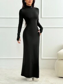 SHEIN PETITE Damen elegantes einfarbiges Maxi Rollkragen Langarm Bodycon Kleid, Frühling Herbst Langkleid Schwarzes Langkleid Winterliches sexy Langkleid Langarm Langkleid - Schwarz - Übersicht 9